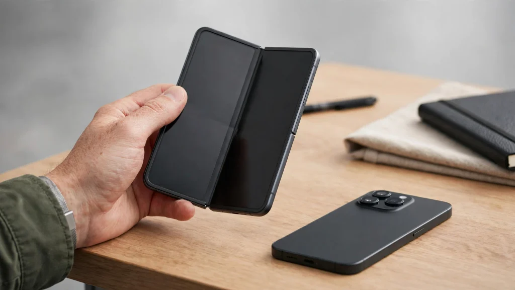 Foldable Phones in 2026: Finally Ready to Replace Your Regular Phone? A foldable smartphone half-folded on a desk beside a regular phone