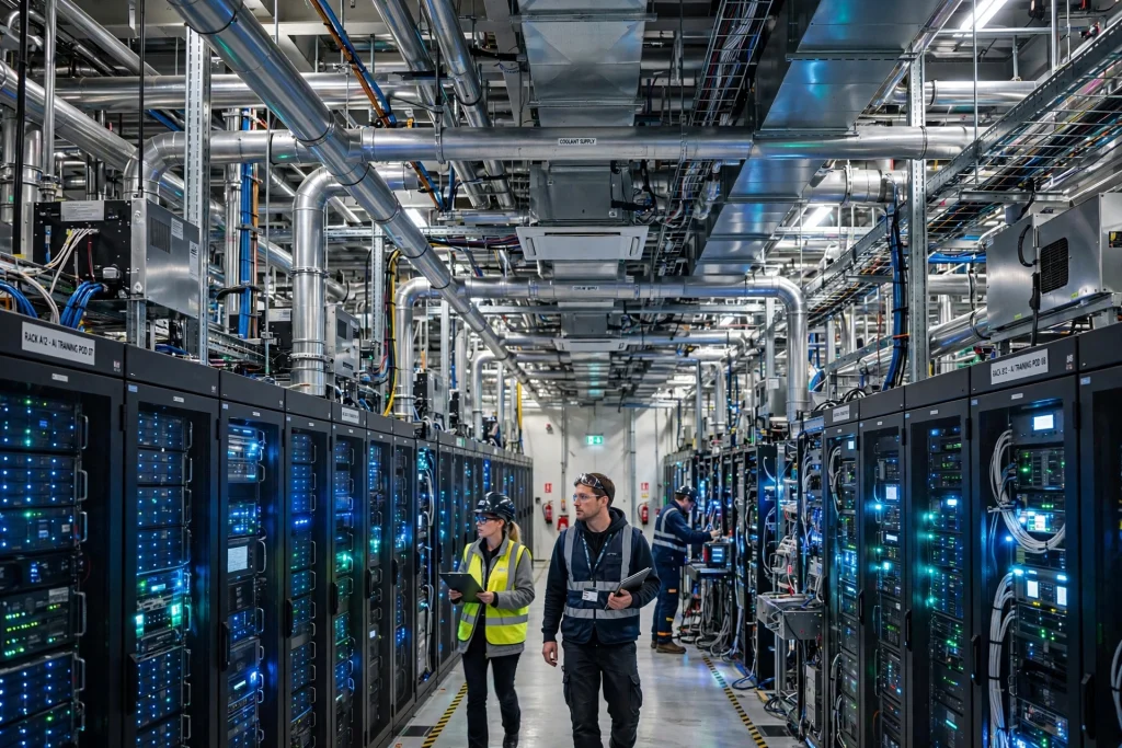 Rows of glowing servers inside a vast modern AI data center
