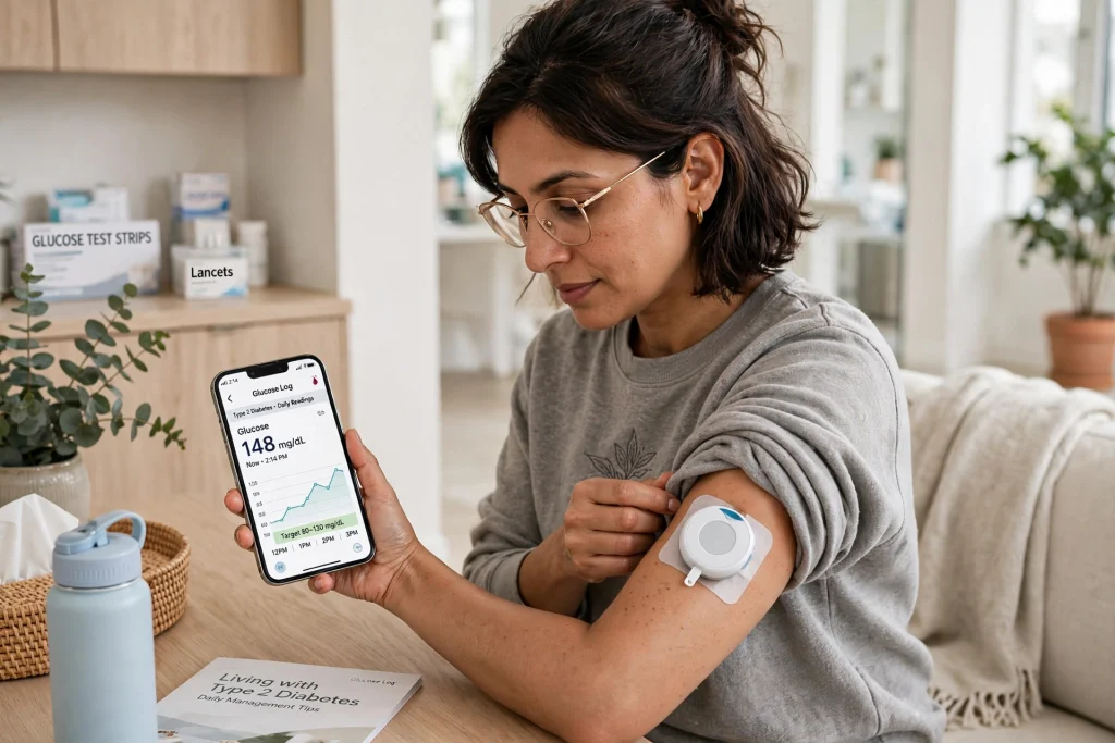 Continuous Glucose Monitors Help Type 2 Diabetes Patients Stay in Range Longer Person checking a continuous glucose monitor sensor on their arm with a smartphone glucose chart